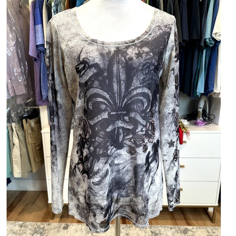 Rock & Republic Women's Fleur De Lis Gray Graphic Long Sleeve Mesh Top M